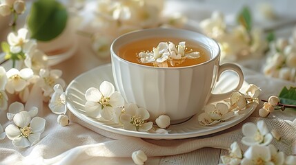 A Cup of green tea and white Jasmine flowers.Jasmine flowers in vase and two glass cups of green tea