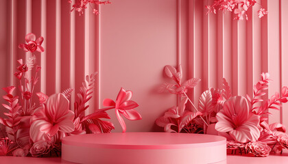 Poster - 3d Render Of Cosmetics Podium Concept On Pink Background Displayed In An Eye-Catching And Attractive Manner For Presentation And Promotion.