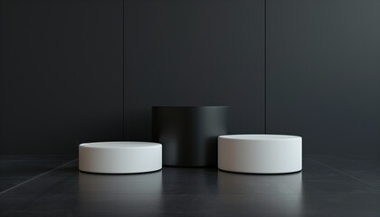 Poster - Minimalistic Cylinder Podium For Cosmetic Products Showcased On A Sleek Black Background In A 3d Rendering Presentation. Stand Out Display.