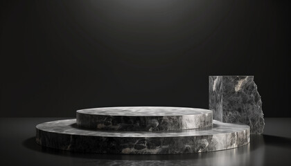 Poster - 3d Rendering Presentation Of Stone Podium Product Against Black Background Demonstrates Elegant Product Presentation. Quality Design For Professional Showcases.