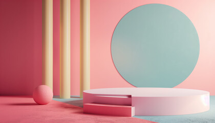 Poster - Minimal Cosmetics Stand In A Pastel Background - 3d Rendering Design Showcasing A Clean And Simple Aesthetic For Product Display.