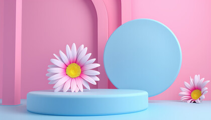 Poster - 3d Rendering Design Of A Cosmetics Circle Stand And Flower On A Pastel Background For A Beautiful And Elegant Presentation.
