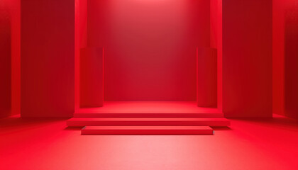 Poster - Red Backdrop Background For Cosmetics Stand: A 3d Rendering Design Showcasing A Vibrant Display For Various Cosmetic Products.