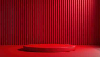 Poster - 3d Rendering Design Of Cosmetics Stand Against Red Backdrop Background, Creating A Striking Visual Display For Products.
