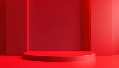 Poster - 3d Rendering Design Of Cosmetics Stand With Red Backdrop Background Creates A Stunning Visual Display For Showcasing Various Makeup Products.