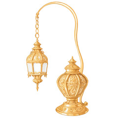 Poster - The lamp features a shiny gold finish and intricate carvings on its body..
