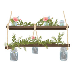 Poster - A farmhouseinspired shelf suspended by rustic ropes and adorned with mason jars filled with faux flowers..