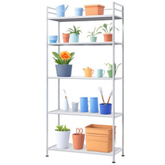 Poster - A tall metal shelf with multiple levels for storing various items such as tools boxes and gardening supplies..