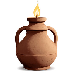 Poster - A rustic oil lamp constructed from a clay pot with a rough texture and an organic shape and a wick protruding from its top..