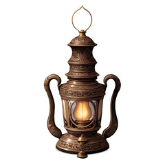 Poster - An antique oil lamp made of dark wood featuring a wide body and a tapered neck adorned with delicate carvings and a ornate metal top..