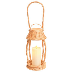 Sticker - A rustic lantern made of woven wicker featuring a tall handle and a large round base for stability..