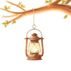 Poster - A rustic garden light made of weathered wood and rope. Hanging from a tree branch it features a small metal lantern with a flickering flame inside. The warm light adds a cozy touch.