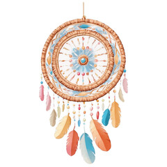 Poster - A circular intricately woven structure with a series of decorative feathers and beads hanging from the bottom believed to filter out bad dreams and let good ones pass through..