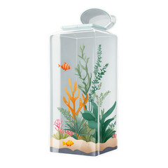 Poster - A clear boxshaped container holding various plants and sea creatures both big and small..