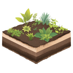 Poster - A small enclosed ecosystem with various types of green plants and a layer of rich soil..
