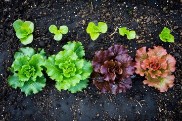 A close-up of a row of lettuce plants growing in a garden