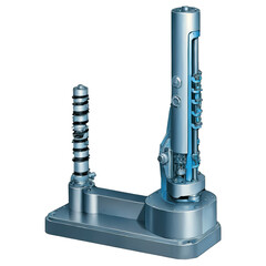 Fototapete - A mechanical device with a sy base and a tall cylindrical body. The top holds a rotating ter with sharp angled teeth and there are various switches and levers along the front..