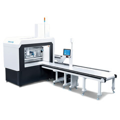 Aufkleber - A modern automated packaging machine with a sleek white and silver design. It has a digital screen displaying the current settings and a robotic arm that moves and arranges.