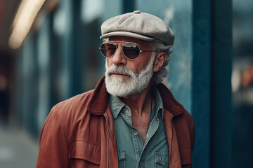 Wall Mural - Elderly man with a beard in a stylish outfit poses on a city street