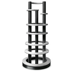 Poster - A vertical structure composed of layers of metal rings and pipes standing on a sy base..