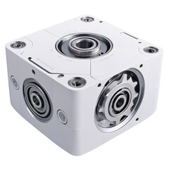 Fototapete - A sleek modern gearbox in shades of white and gray. It resembles a small cube with curved edges and there are various dials and buttons on the top..