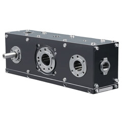 Fototapete - A black rectangular gearbox with a smooth polished surface. The corners are sharp and there are rows of screws lining the sides..