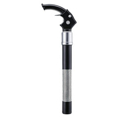 Poster - A black and silver mechanical tool shaped like a tube with a handle. The handle is curved and has a textured grip. Small air vents line the sides of the tube..