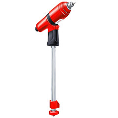 Poster - An oldfashioned manual drill featuring a long silver body with a round head and a red handle for gripping. It has a sharp metal drill bit at the tip and a rotating handle for.