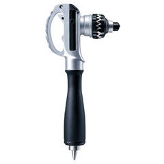 Poster - A basic hand drill made of sy materials including a metal shaft a plastic gear mechanism and a wooden handle. It has a classic silver and black color scheme and a curved shape for.
