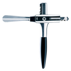 Poster - Shiny metal tool with thin pointed teeth around the edge and a small switch on the handle..