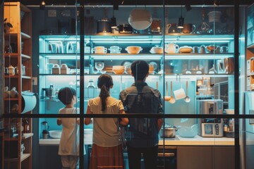 Rear view of a young couple looking through a glass door of a modern kitchen
