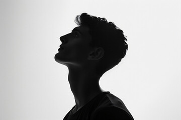 Fototapete - Silhouette of handsome man in black t-shirt on white background, isolated portrait of young guy with short hair and sidecut looking up, profile view, isolated


