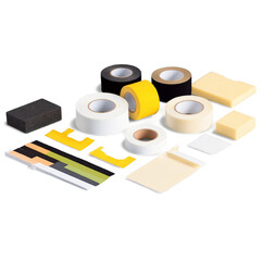 Poster - A collection of different types of fastening materials such as doublesided tape velcro strips and stickybacked foam organized neatly in a plastic container..