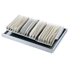 Poster - A of sticky adhesive strips in various widths and lengths folded into a compact accordion shape and sitting on a silver tray..