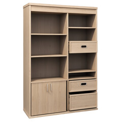 Aufkleber - A wooden shelving unit with adjustable shelves and a sliding drawer for keeping pantry items neatly organized..