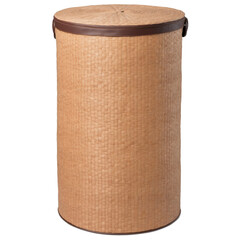 Poster - A tall cylindrical laundry hamper made of woven straw. It has a removable lid and a light brown color with dark brown accents..
