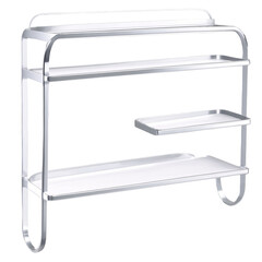 Aufkleber - A compact metal shelf with three tiers ideal for holding small bathroom essentials like toothbrushes and soap..