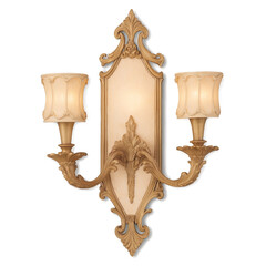 Aufkleber - A traditionalstyle wall sconce with an ornate antique gold frame featuring intricate details and a small fabric shade in a beige color..