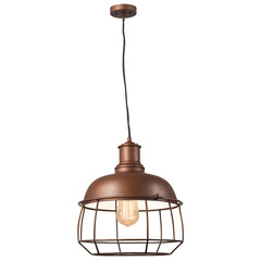 Poster - An industrialstyle pendant light made of bronzecolored metal with a distressed rusted finish and exposed wires..