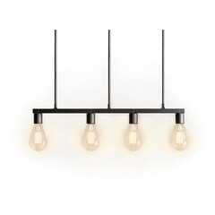 Poster - A geometric pendant light with a black metal frame and four exposed light bulbs hanging from different lengths..