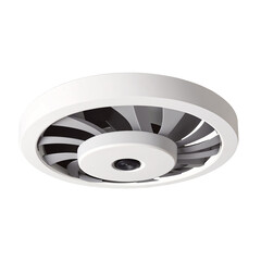 Poster - A circular fixture mounted on the ceiling designed to move air and provide a cooler environment through its rotating blades and adjustable speed settings..