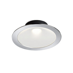 Poster - A minimalist recessed light with a round shape and a chrome finish. It is seamlessly integrated into the ceiling and emits a cool white light..