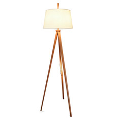 Fototapete - An elegant floor lamp featuring a wooden tripod base and a tall tapered fabric shade..