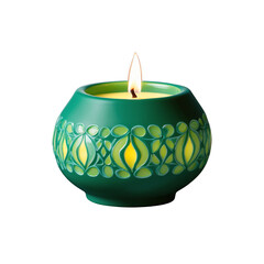 Poster - A ceramic candle holder with a glossy finish and a vibrant green color. The holder is shaped like a bowl with a flat bottom and has a series of intricate out designs along its.