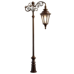Poster - An elegant garden light with a bronze finish resembling a miniature street lamp. The intricately designed pole features swirling patterns and a pointed top with a small hook. A.