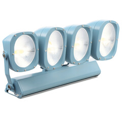 Poster - A large industrial flood light with a rugged weatherresistant construction and multiple adjustable fixtures illuminating a vast outdoor area with its powerful cooltoned light..