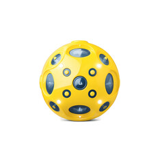 Poster - A lightweight compact device with a shiny yellow exterior and a geometric design. It has a flat circular base and a raised button on top with a pattern of flashing lights along the.
