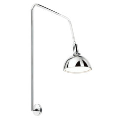 Poster - A wallmounted lamp with a long narrow body and a rounded almost orblike top. The lamp is made of shiny metal and has a polished reflective surface. It is designed to provide a.