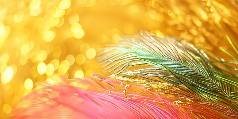 Metamodernism in digital culture Abstract golden background with green and pink ostrich feathers. Concept Metamodernism, Digital Culture, Abstract Background, Golden, Ostrich Feathers, Green, Pink