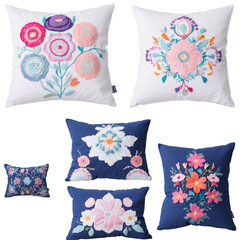 Fototapete - The object is a collection of colorful embroidered throw pillows in various sizes and patterns. Each pillow has a soft velvety texture and adds a cozy touch to any room..